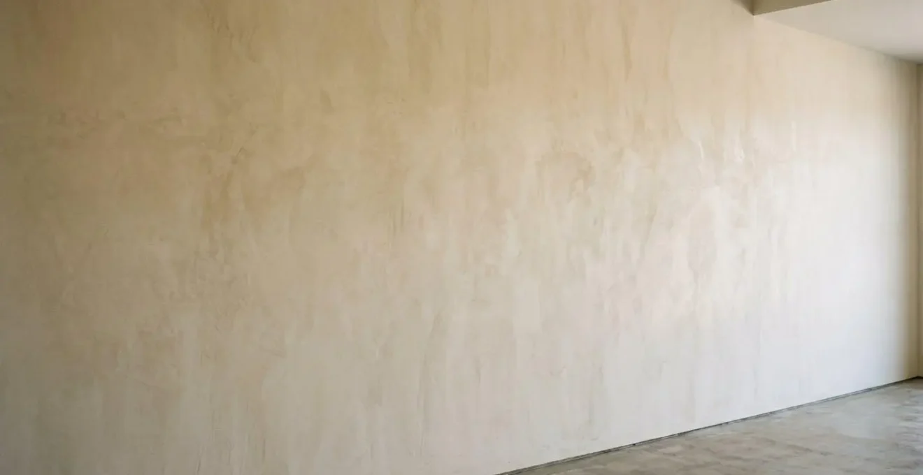 Wide view of a minimalist lime plaster wall with subtle texture variations and luminous monochromatic surface