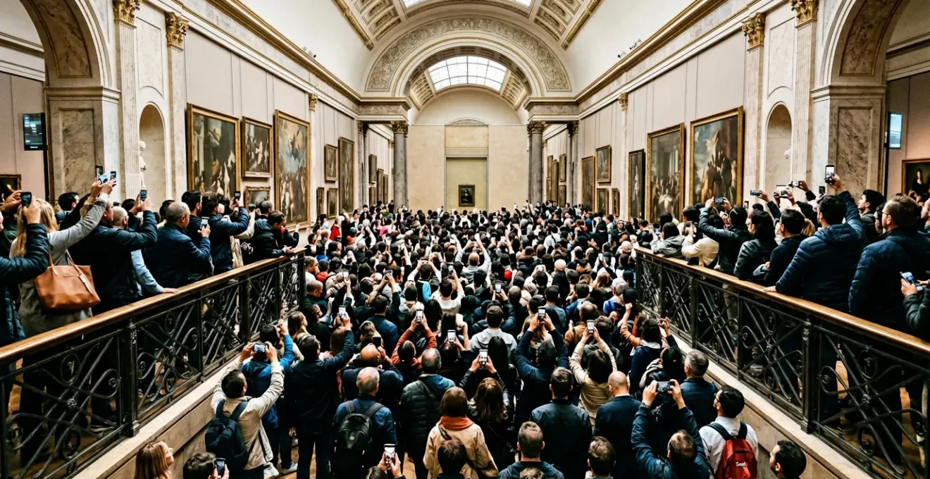 Dense crowds of visitors gathered around Leonardo da Vinci's Mona Lisa painting in the Louvre Museum