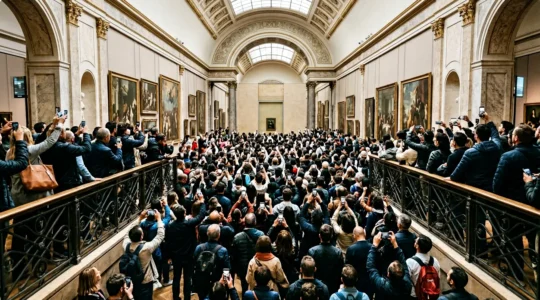 Dense crowds of visitors gathered around Leonardo da Vinci's Mona Lisa painting in the Louvre Museum