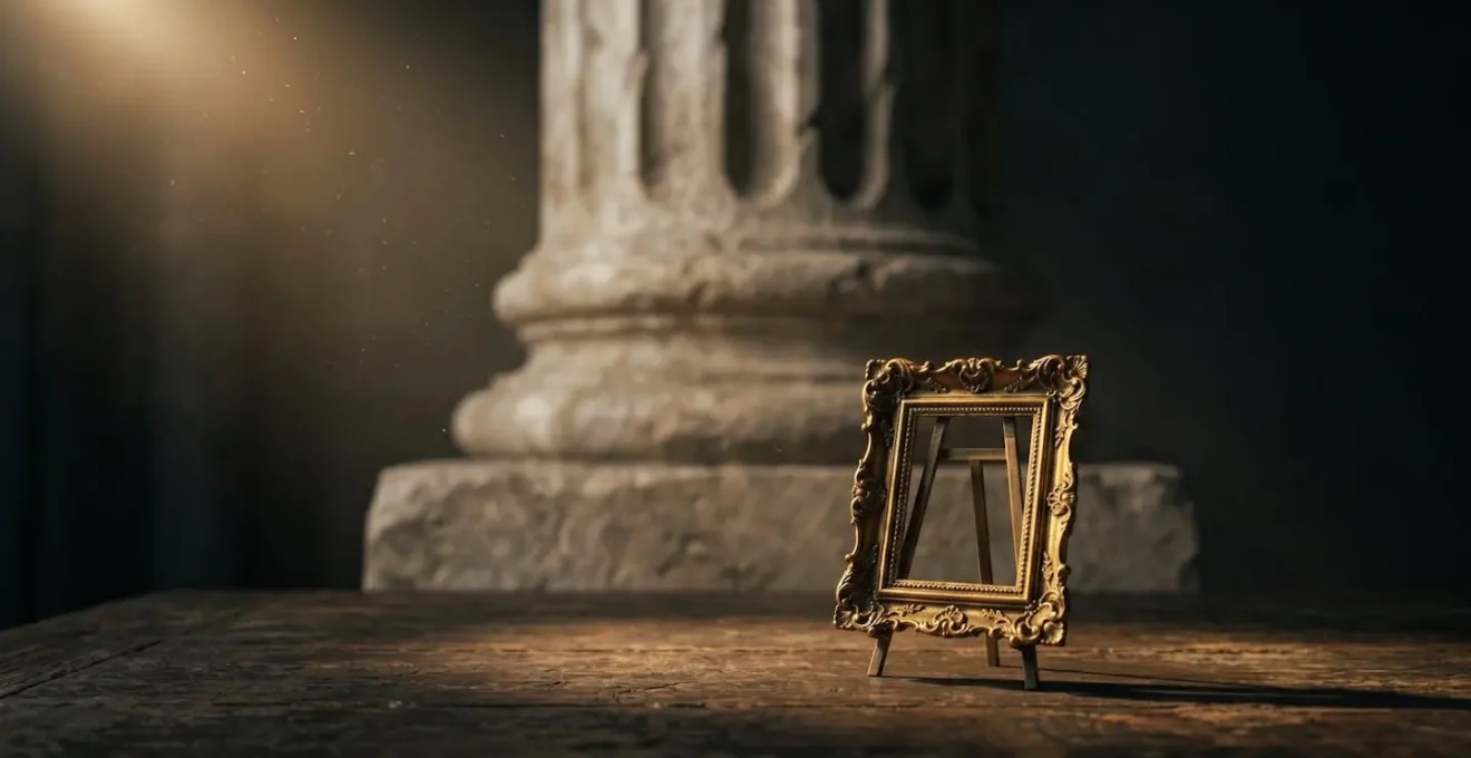 Symbolic representation of scale disparity, showing a tiny ornate frame dwarfed by a looming architectural element in the background.
