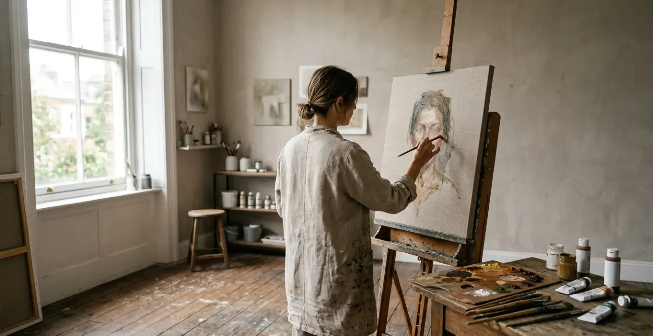 Contemporary artist applying traditional painting techniques in natural-lit studio workspace