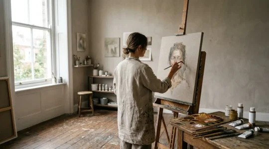 Contemporary artist applying traditional painting techniques in natural-lit studio workspace