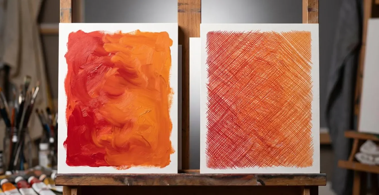 Visual demonstration of egg tempera cross-hatching technique showing optical color mixing through layered linear brushstrokes