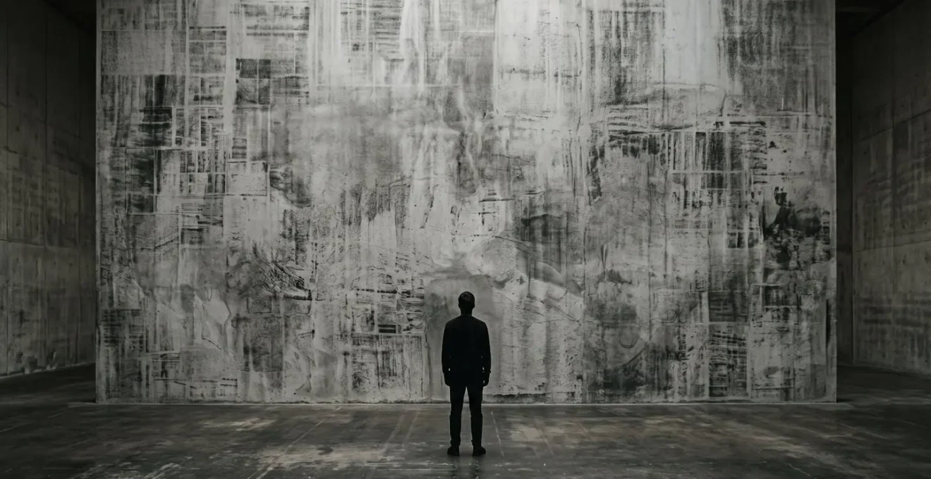 Wide environmental view of a viewer dwarfed by a massive abstract monochromatic wall, creating a sense of visual engulfment