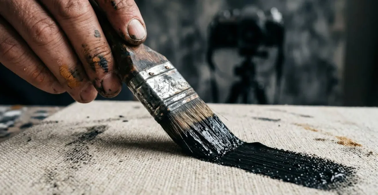An artist's hands working on a monochromatic abstract composition, with a camera capturing the creative process in the background.