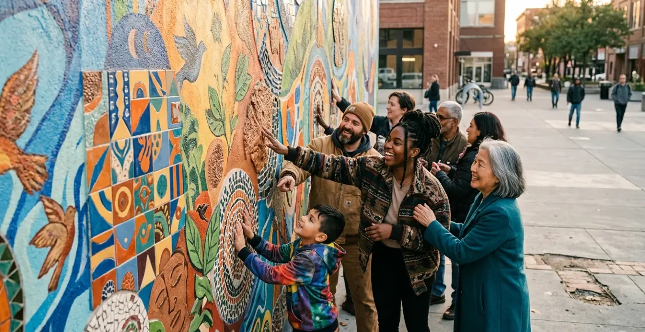Community members participating in an interactive public art installation designed to encourage civic engagement and voter participation