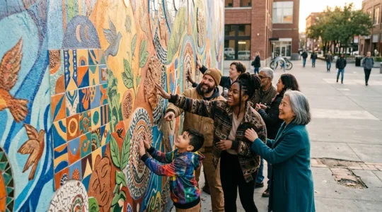 Community members participating in an interactive public art installation designed to encourage civic engagement and voter participation