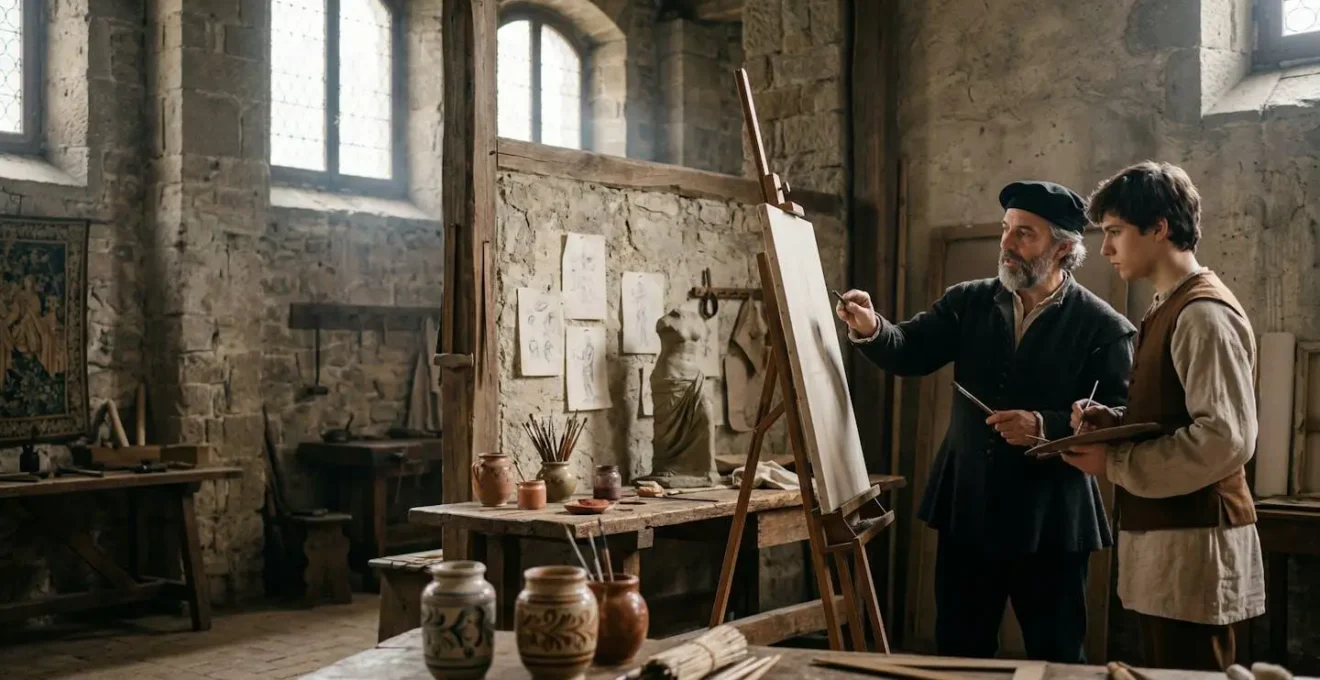 A Renaissance workshop interior where master artist and young apprentices collaborate on a painting, surrounded by tools, sketches, and partially finished artworks in warm natural light