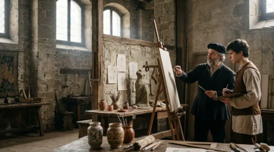A Renaissance workshop interior where master artist and young apprentices collaborate on a painting, surrounded by tools, sketches, and partially finished artworks in warm natural light