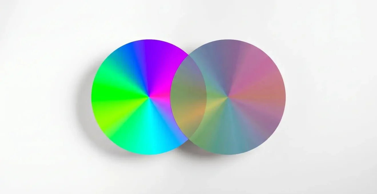 Abstract color gradient showing vibrant RGB spectrum transitioning to muted print gamut