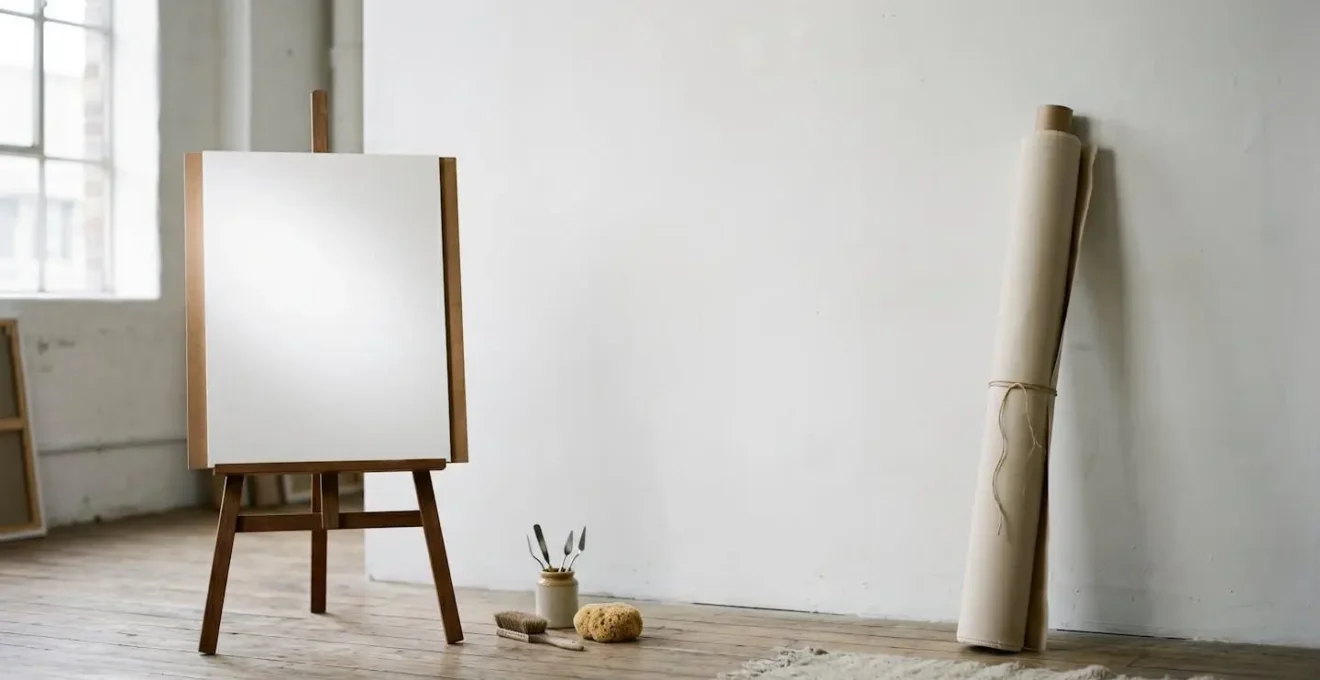 Environmental studio shot contrasting a rigid wooden tempera panel with flexible canvas, emphasizing material compatibility principles