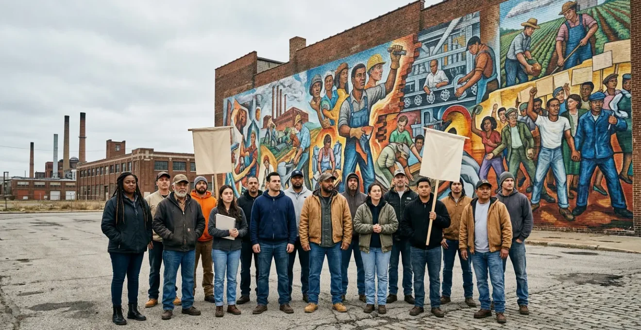 Workers and artists united in front of monumental industrial mural depicting labor reform and social change