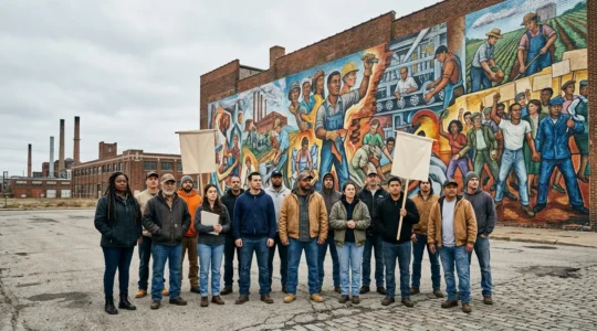 Workers and artists united in front of monumental industrial mural depicting labor reform and social change