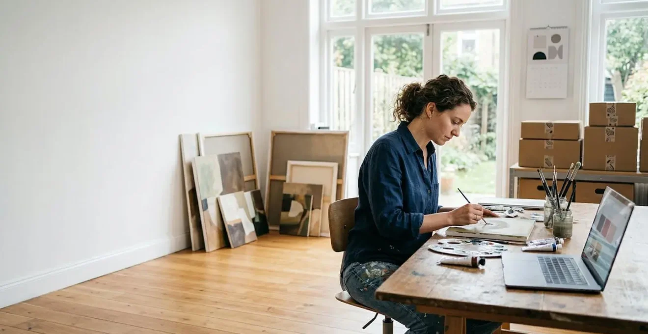 Artist working independently in a professional home studio surrounded by finished artworks
