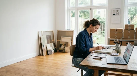 Artist working independently in a professional home studio surrounded by finished artworks