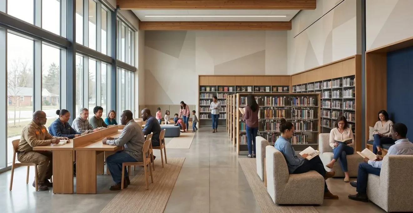 Diverse community members gathering in a public third place space like a library or community center, representing inclusive civic engagement across demographics