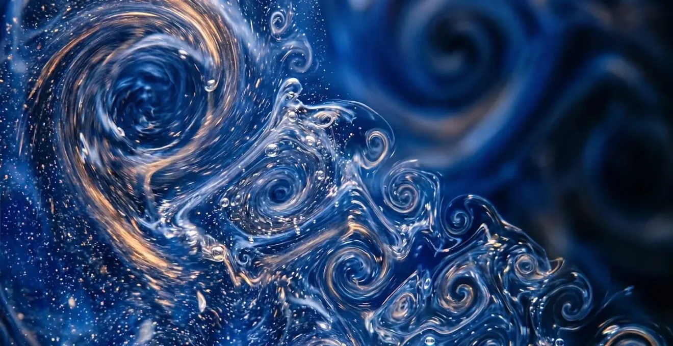 Macro photograph of swirling fluid patterns showing natural turbulence with multiple scale eddies from large to microscopic