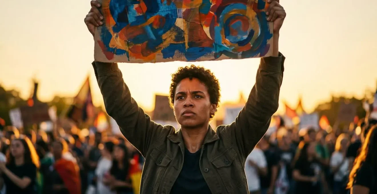 Dramatic low-angle view of activist holding protest artwork aloft during golden hour with crowd silhouetted in background