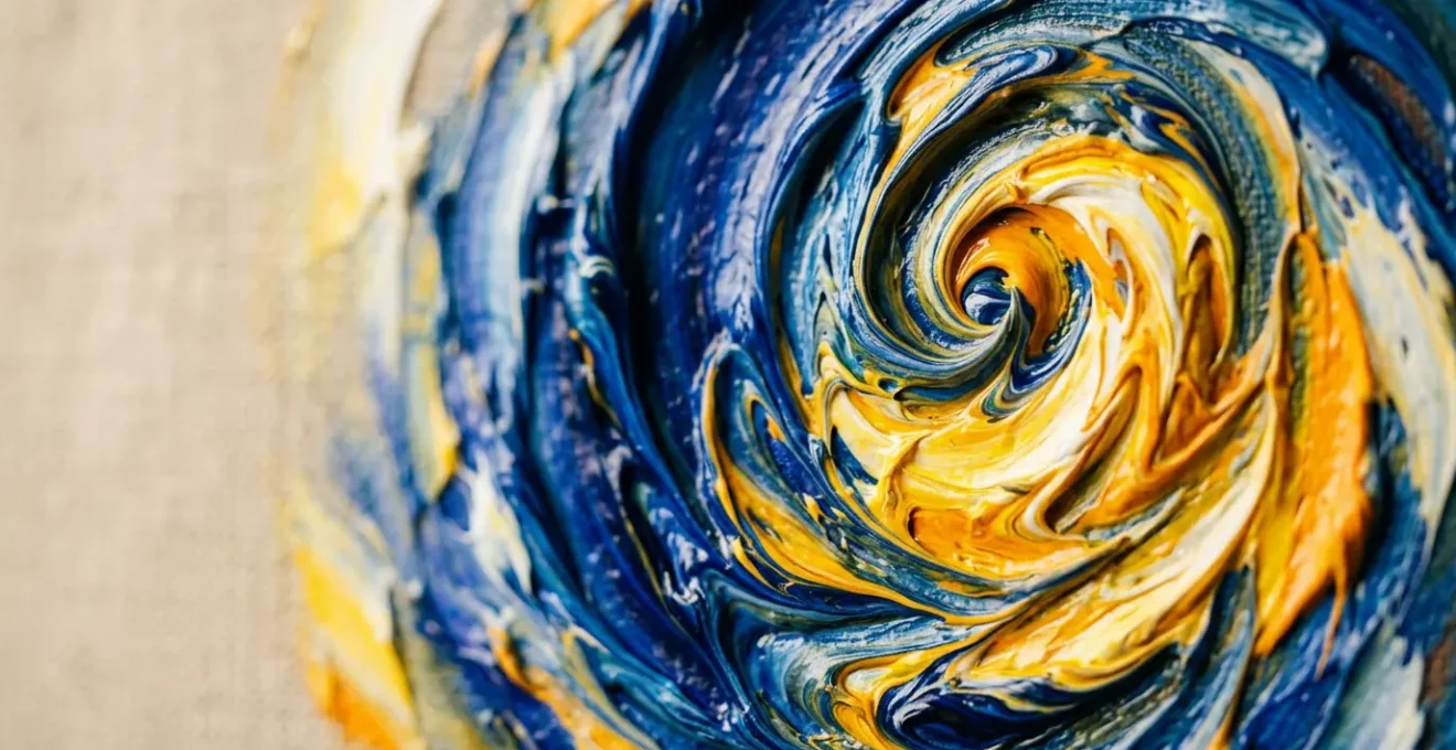 Abstract representation of turbulent cosmic energy merging with human consciousness through swirling patterns and celestial elements