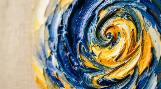 Abstract representation of turbulent cosmic energy merging with human consciousness through swirling patterns and celestial elements