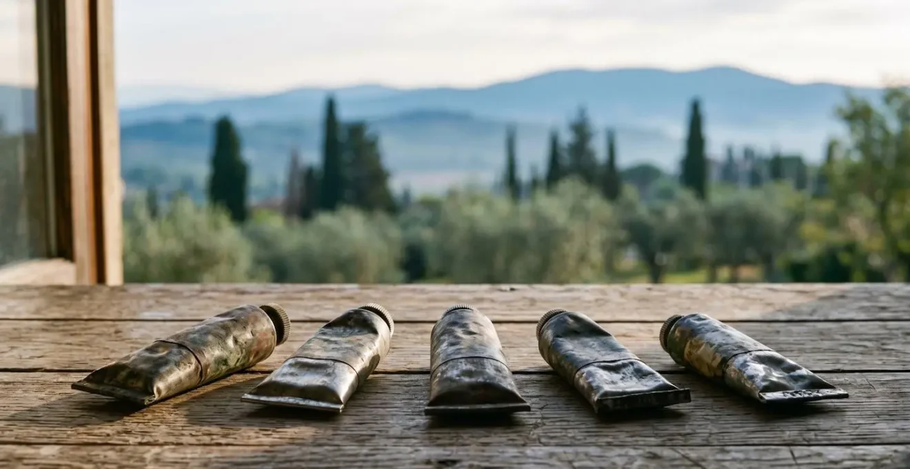 Weathered antique paint tubes scattered on weathered wood surface in natural daylight, evoking 19th-century plein air painting